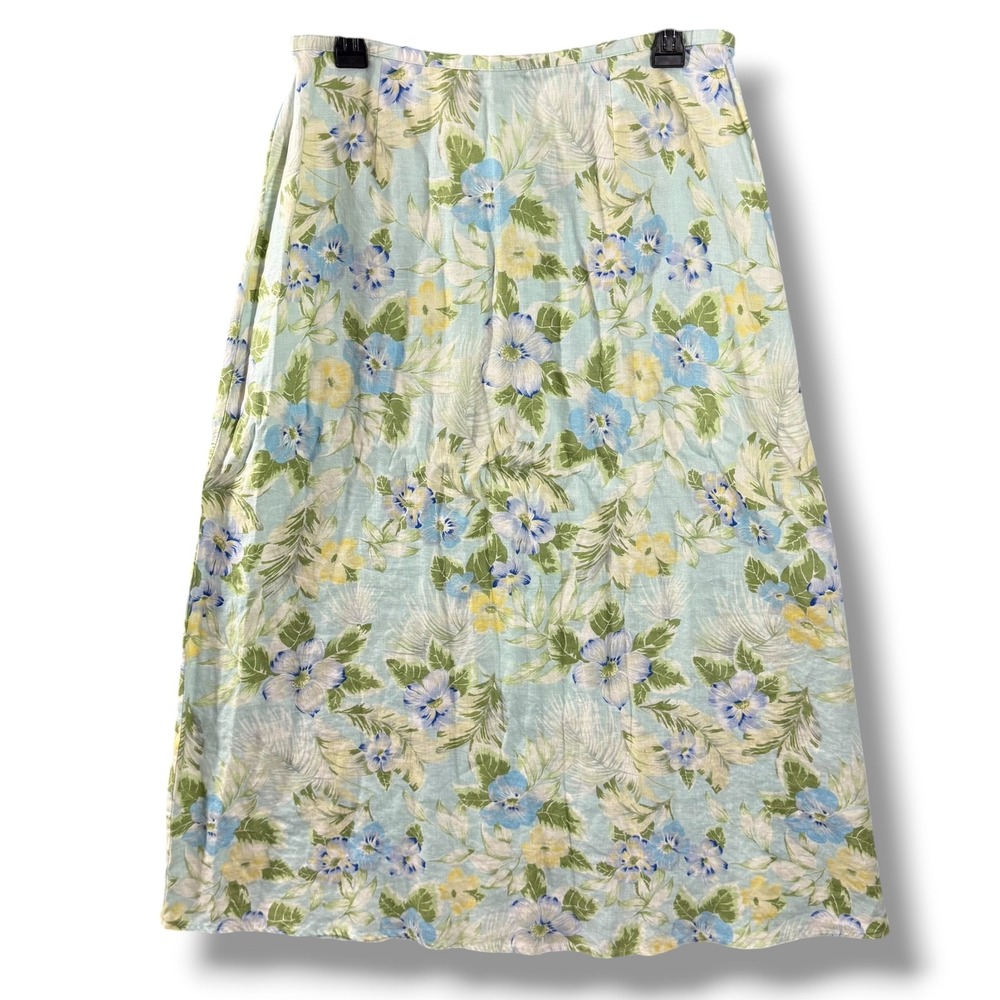 Vintage Talbots Midi Skirt Blue Linen Floral Print A-Line Tropical Womens 14